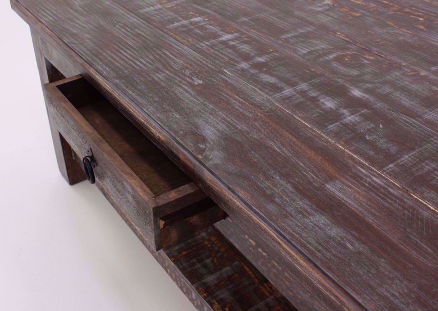 Distressed Weatherwood Brown Cottage Coffee Table Showing the Drawer Open | Home Furniture Plus Mattress