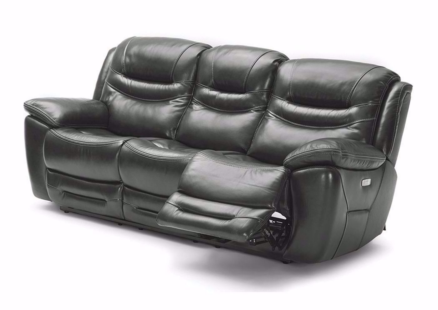 Slightly Angled View of the Front of the Dallas POWER Reclining Sofa With Recliner Open- Gray  | Home Furniture Plus Bedding