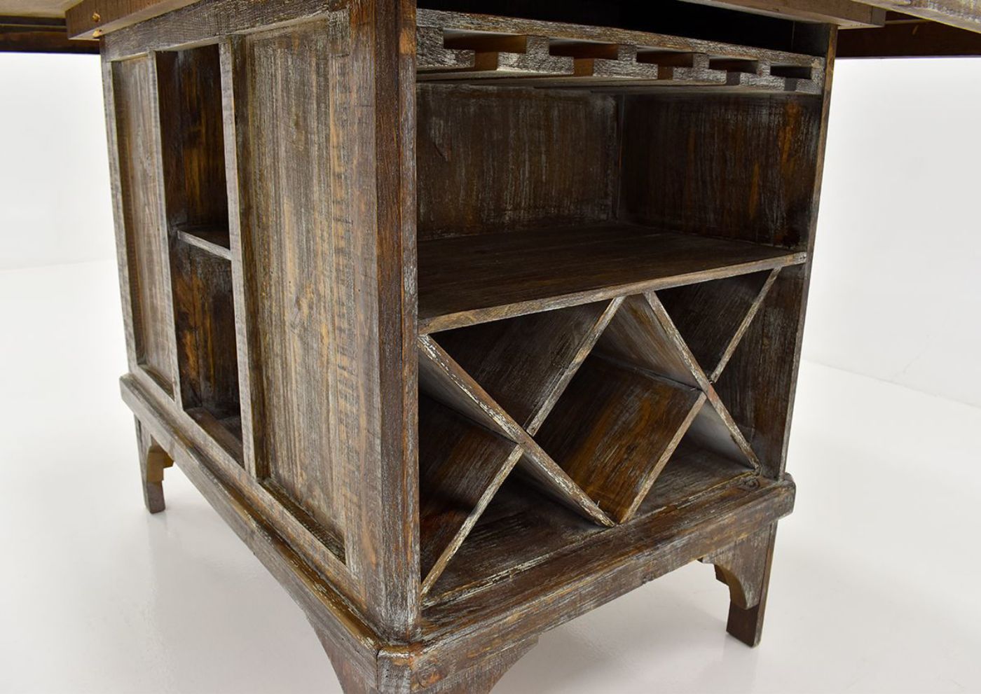 Close Up View of the Wine Glass Storage and Wine Bottle Rack Under the Brooks Counter Height Table in Barnwood by Vintage Furniture, LLC. | Home Furniture Plus Bedding