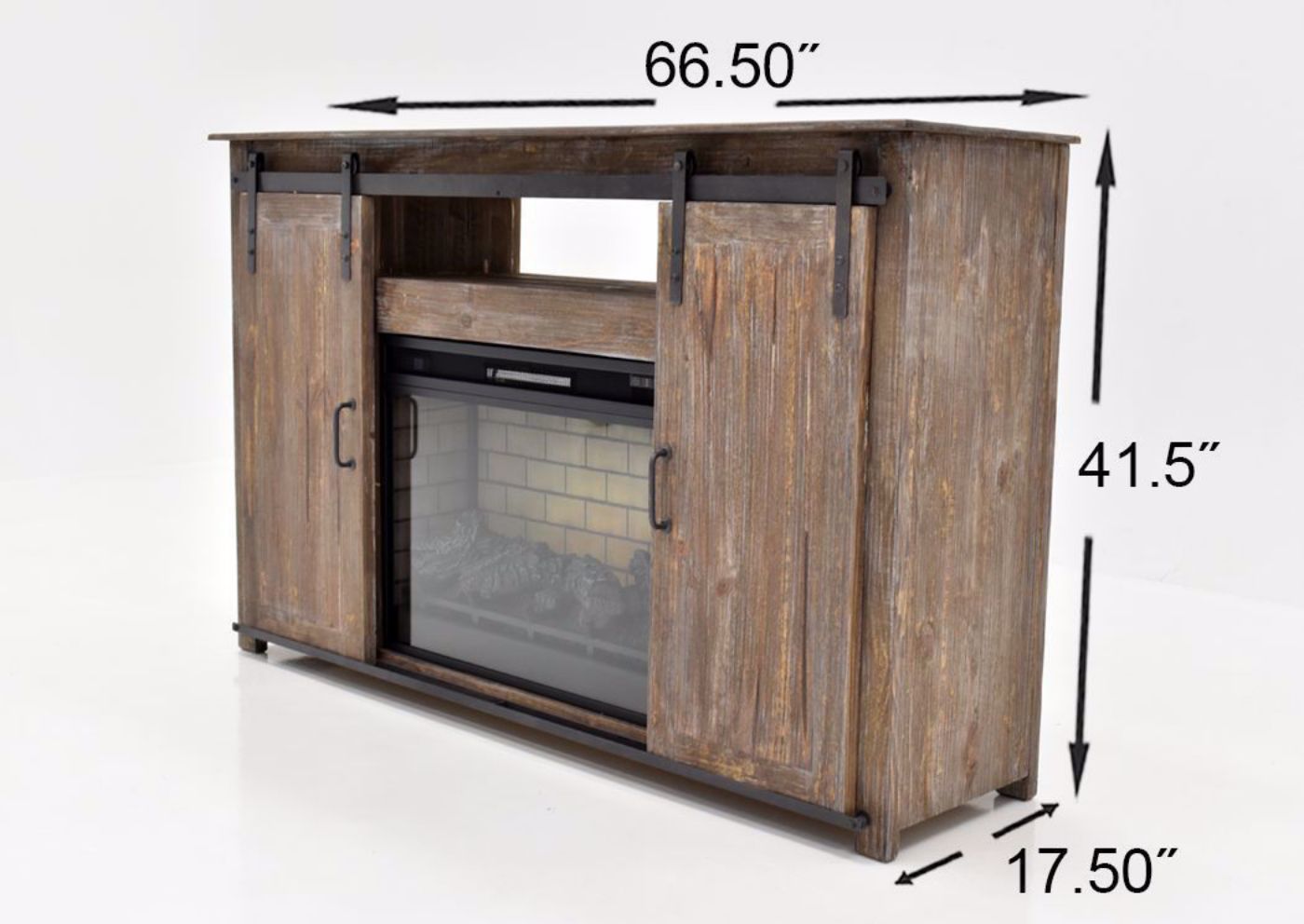 Slightly Angled View with Dimension Details on the Maverick TV Stand with Fireplace with a Barnwood Finish | Home Furniture Plus Bedding
