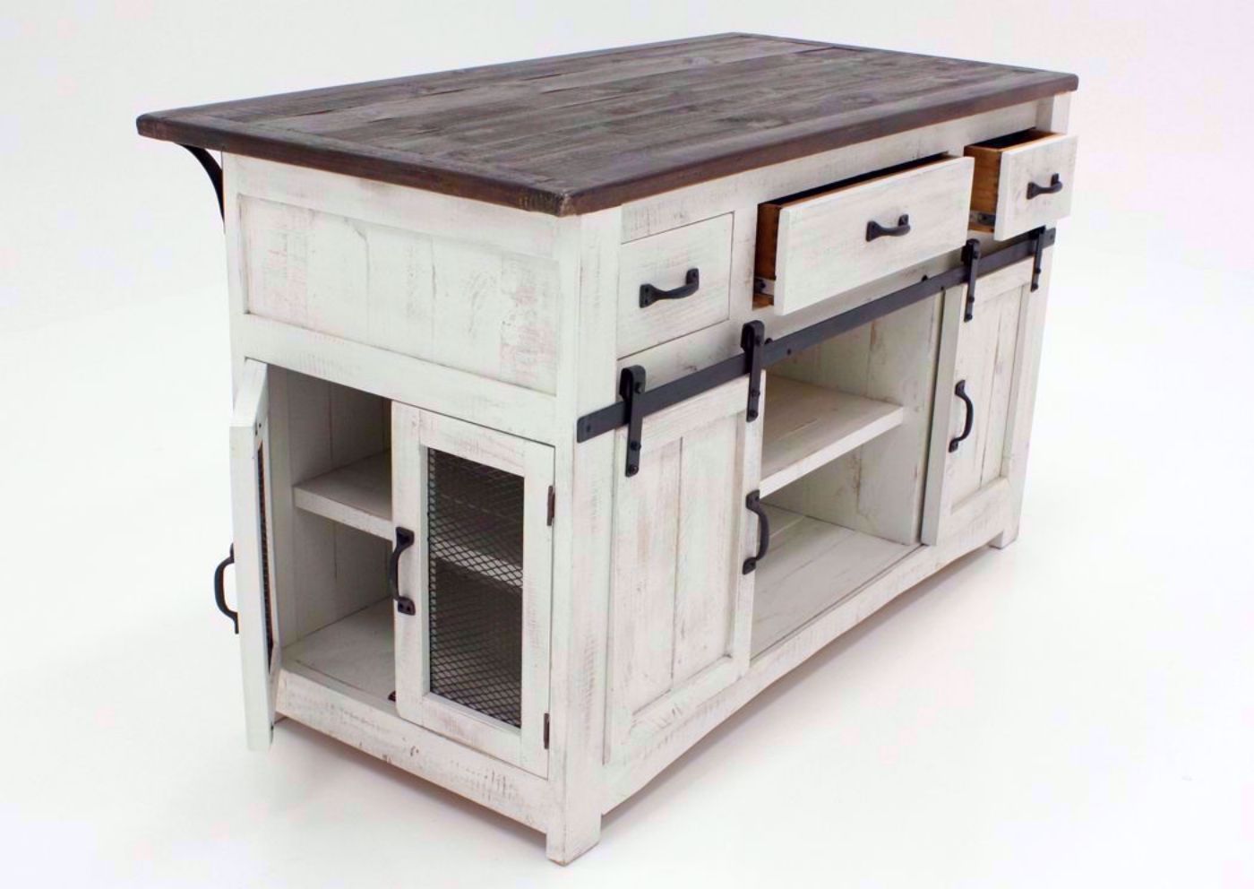White and Brown Messina Counter Height Dining Table Set Showing the Table at an Angle Showing the Storage Cabinets, Shelves and Drawers | Home Furniture Plus Bedding