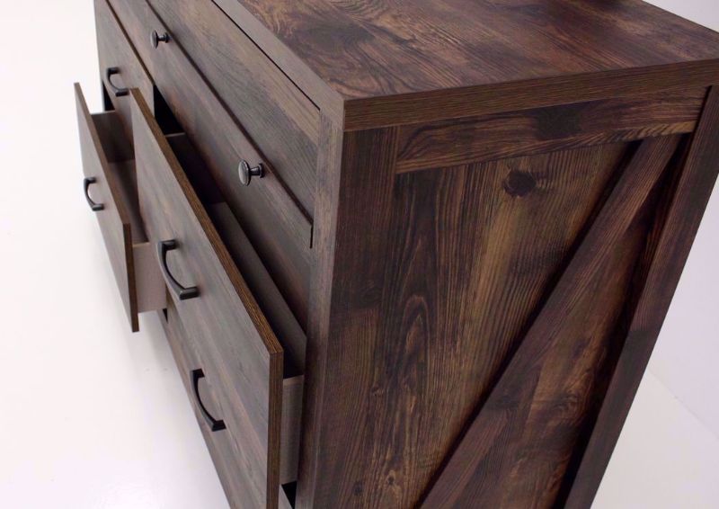 Dark Brown Cheyenne Dresser with Mirror at an Angle with the Drawers Open | Home Furniture Plus Mattress