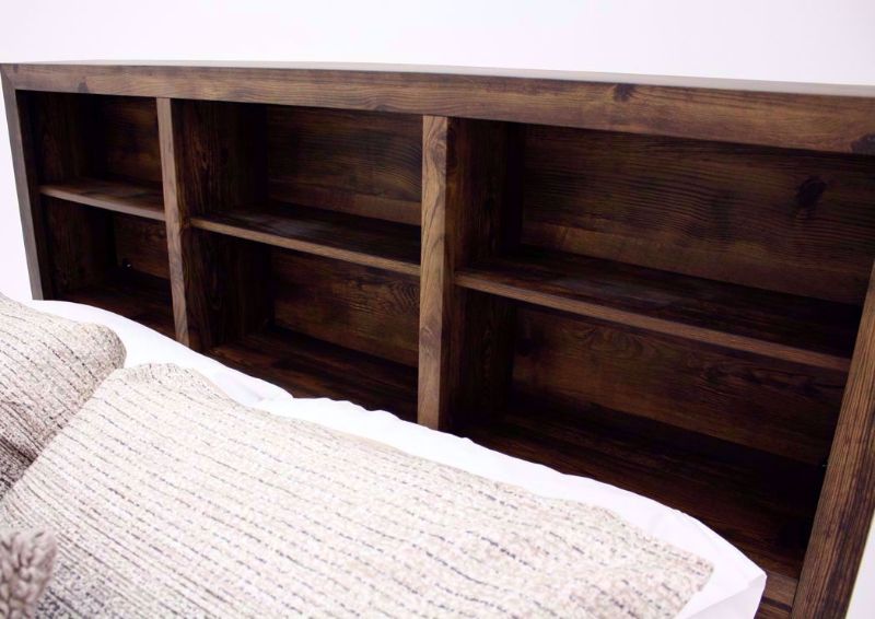Dark Brown Cheyenne Queen Bed Showing the Bookcase Headboard Detail | Home Furniture Plus Mattress