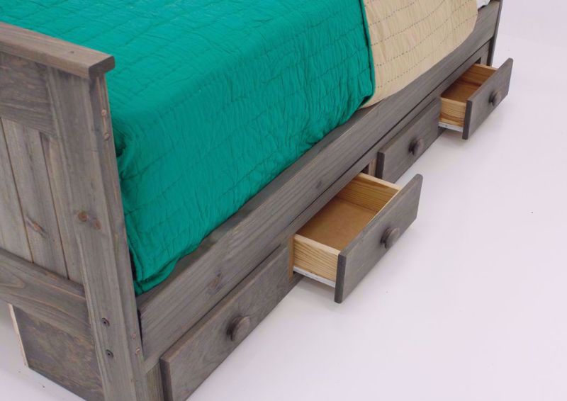 Walnut Duncan Twin Bed With Storage Unit Showing the Drawer Unit With the Drawers Open | Home Furniture Plus Bedding