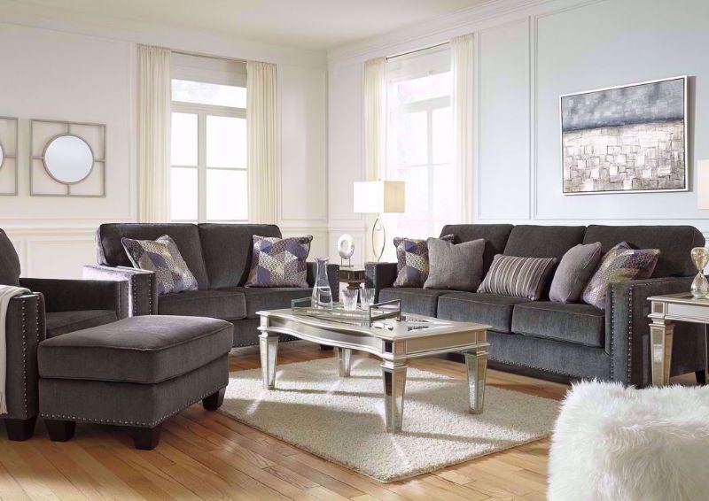 Gavril Sofa Set by Ashley Furniture with Gray Microfiber Upholstery. Includes Sofa, Loveseat and Chair and Accent Pillows | Home Furniture + Mattress