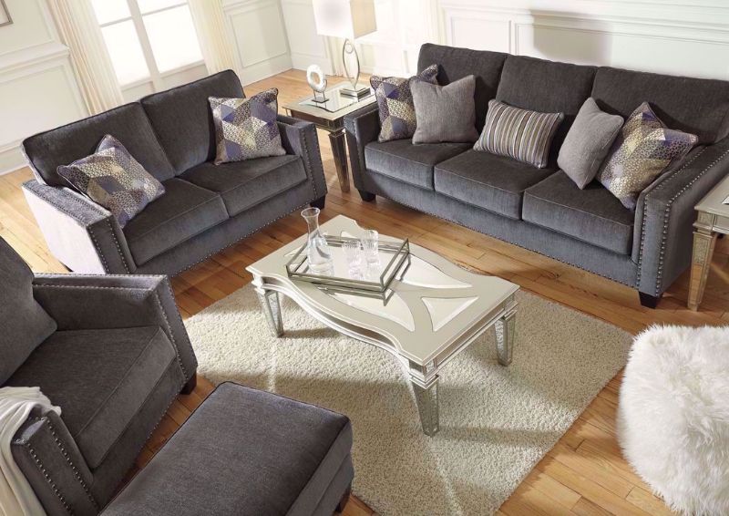Elevated View of Gavril Sofa Set by Ashley Furniture with Gray Microfiber Upholstery. Includes Sofa, Loveseat and Chair | Home Furniture + Mattress