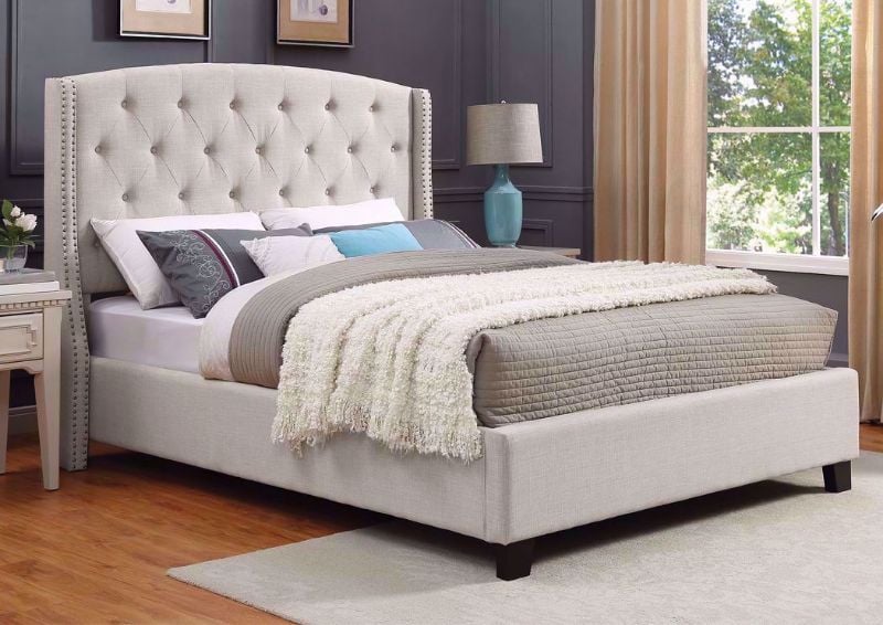 White Eva Queen Size Upholstered Bed at an Angle in a Room Setting | Home Furniture Plus Mattress