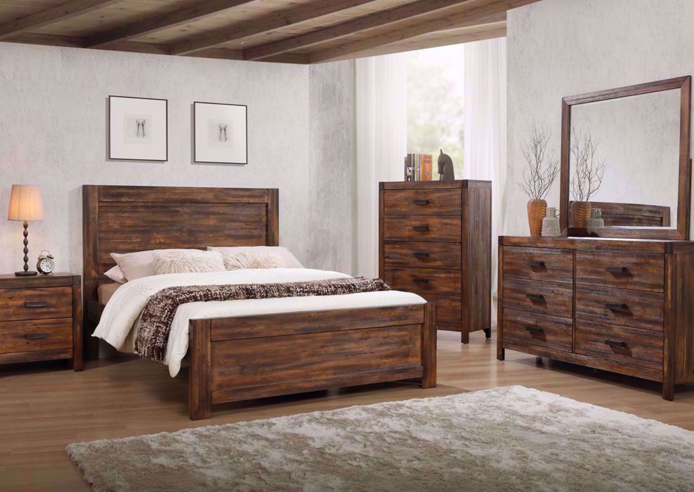 Rustic Brown Warner Bedroom Set in a Room Setting. Includes Queen Bed, Dresser With Mirror and 1 Nightstand | Home Furniture Plus Mattress