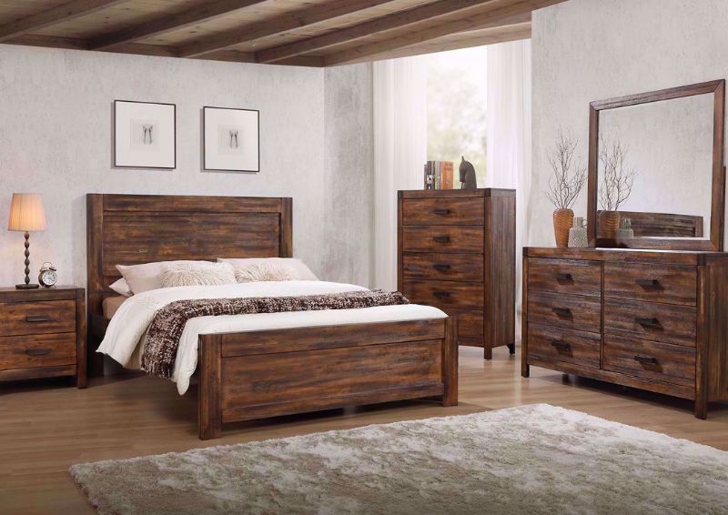 Rustic Brown Warner Bedroom Set in a Room Setting. Includes Queen Bed, Dresser With Mirror and 1 Nightstand | Home Furniture Plus Mattress