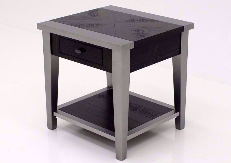 Corner Side View of Two Toned Gray Branbury End Table by Ashley Furniture with 1 Drawer and Open Shelf | Home Furniture Plus Bedding