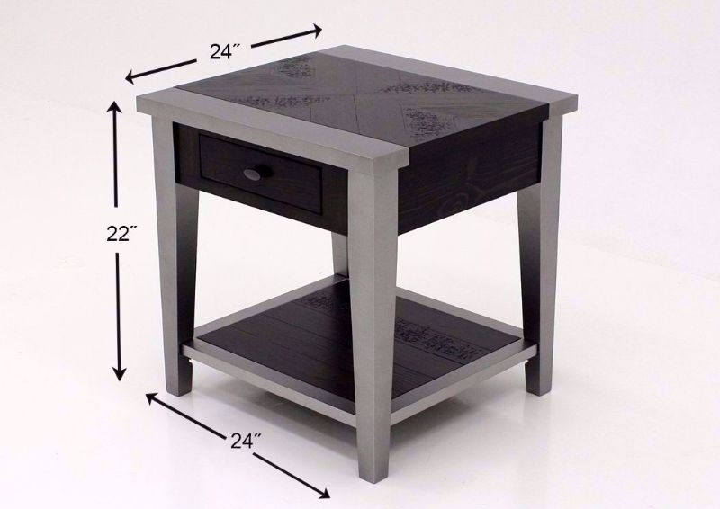 Corner Side View with Dimensions of Two Toned Gray Branbury End Table by Ashley Furniture with 1 Drawer and Open Shelf | Home Furniture Plus Bedding