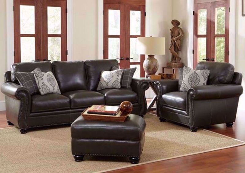 Brown Top Grain Leather Amarillo Ghost Sofa Set by Simon Li Furniture. Includes Sofa, Loveseat and Recliner and Accent Pillows. Ottoman Sold Separately | Home Furniture + Mattress