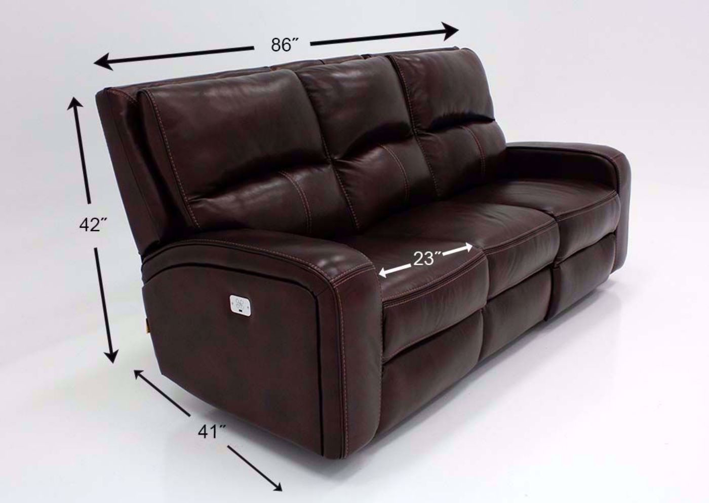 Brown Branson POWER Reclining Sofa with Leather Upholstery Showing the Dimensions | Home Furniture Plus Mattress