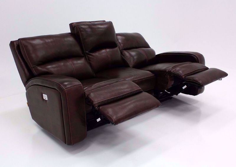 Brown Branson POWER Reclining Sofa with Leather Upholstery at an Angle in the Reclined Position | Home Furniture Plus Mattress