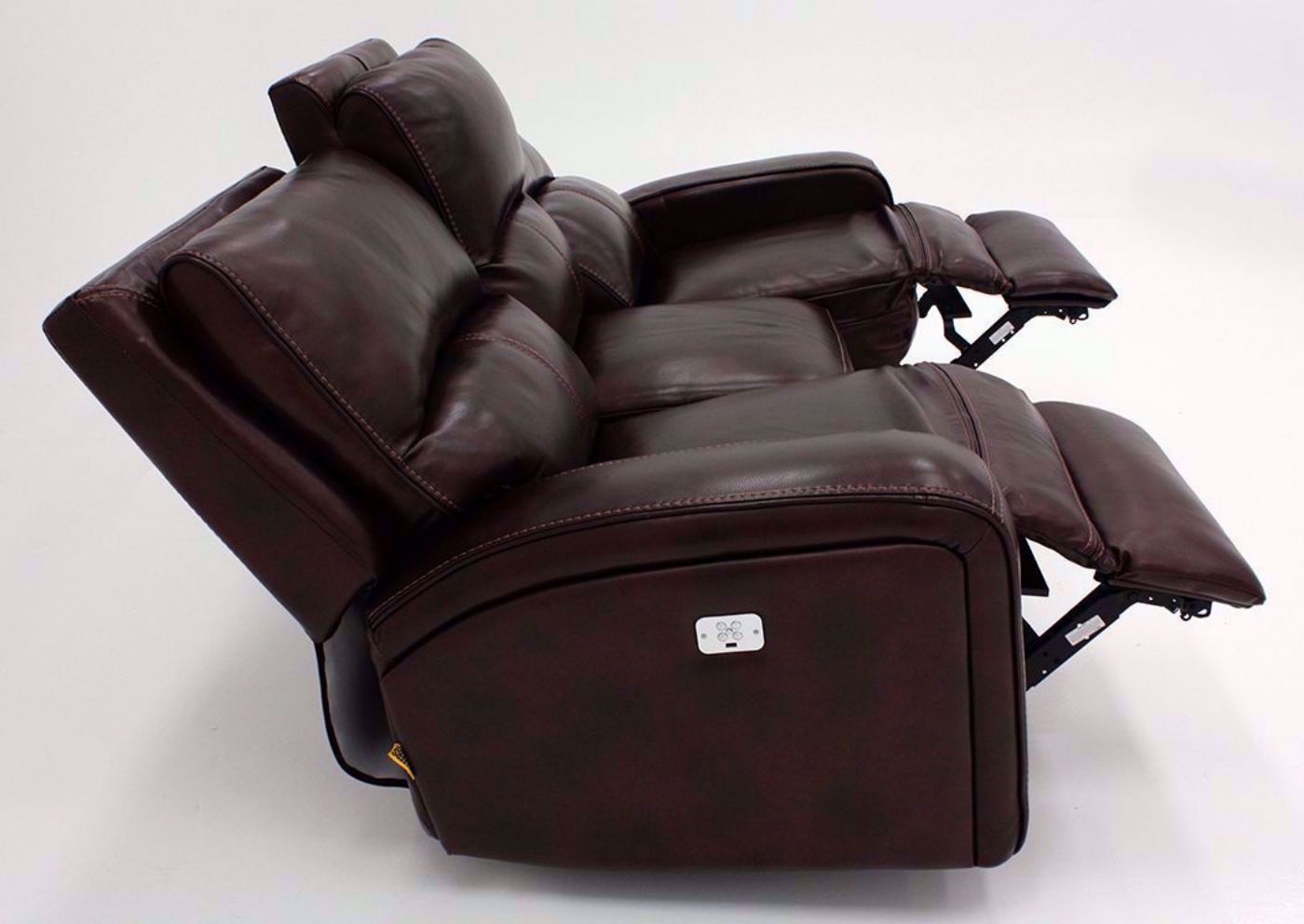 Brown Branson POWER Reclining Sofa with Leather Upholstery Side View in the Reclined Position | Home Furniture Plus Mattress