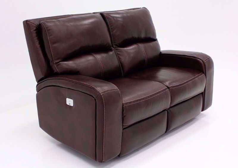 Brown Branson POWER Reclining Loveseat with Leather Upholstery at an Angle | Home Furniture Plus Mattress