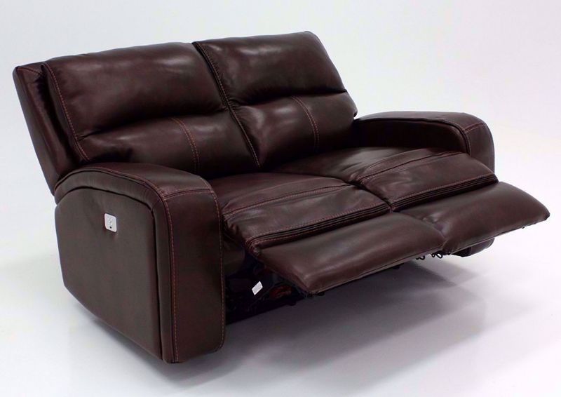 Brown Branson POWER Reclining Loveseat with Leather Upholstery at an Angle in Reclined Position | Home Furniture Plus Mattress
