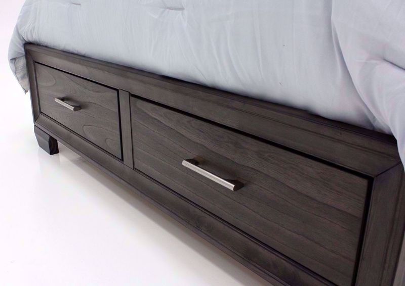 Brown Upholstered Jaymes Queen Bed Showing the Storage Footboard With the Drawers Closed | Home Furniture Plus Bedding