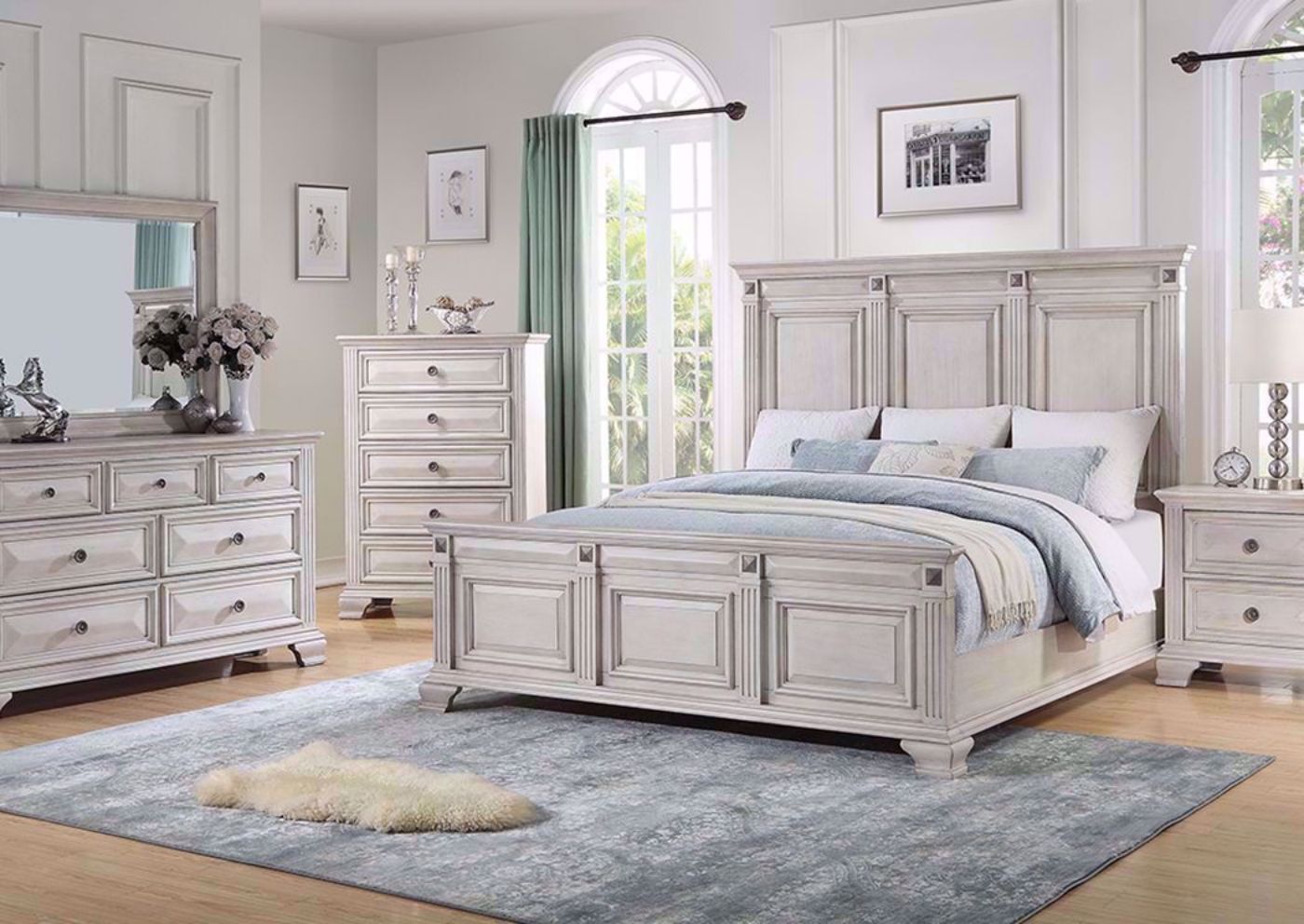 Distressed White Passages Bedroom Set in a Room Setting. Includes Queen Bed, Dresser With Mirror and 1 Nightstand | Home Furniture Plus Bedding