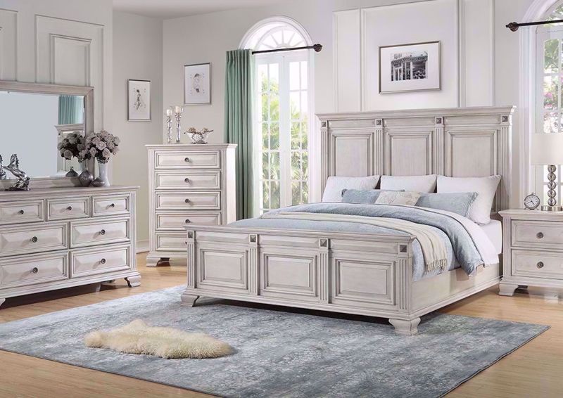 Distressed White Passages Bedroom Set in a Room Setting. Includes Queen Bed, Dresser With Mirror and 1 Nightstand | Home Furniture Plus Bedding