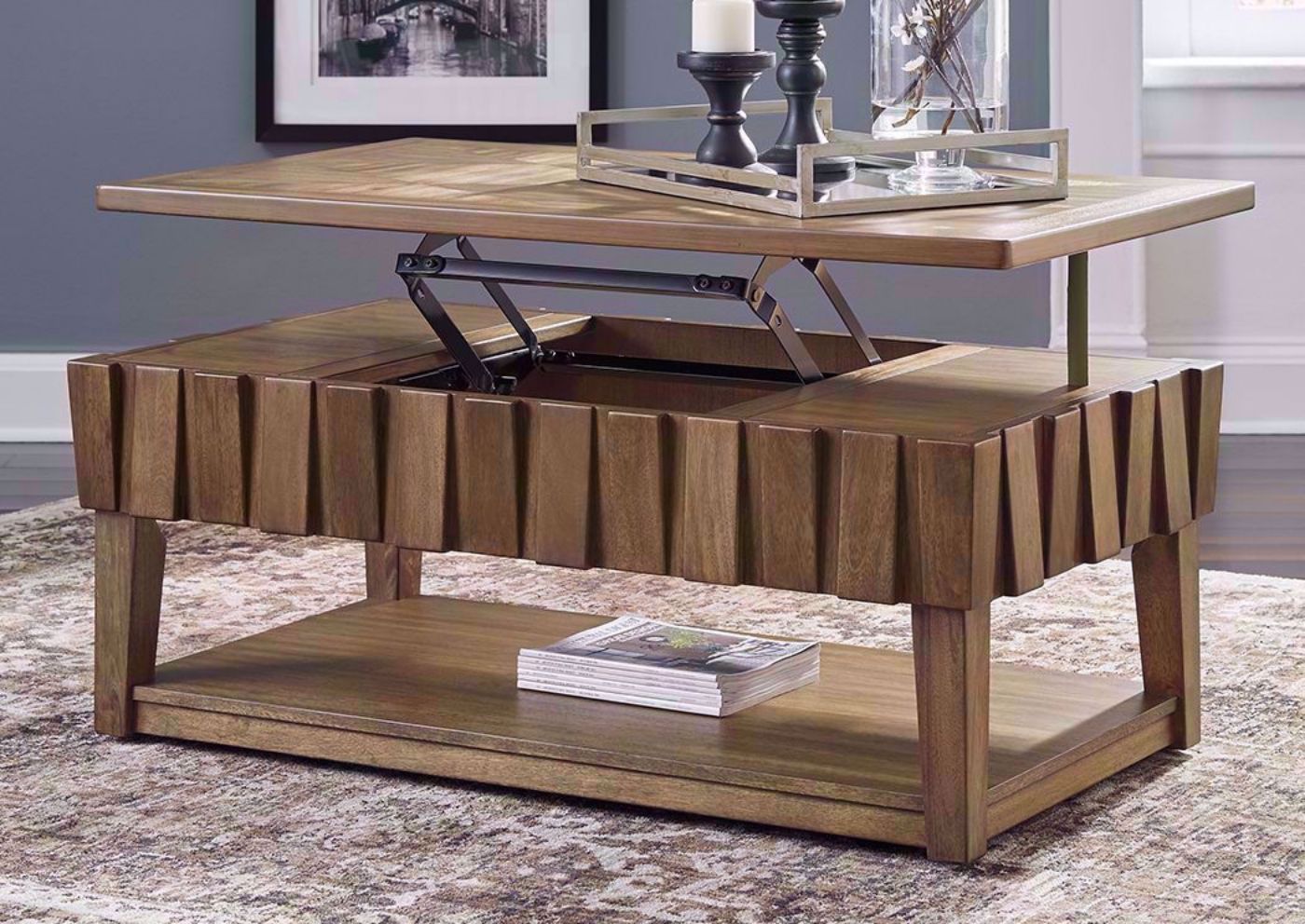 Lifted Table Top on Light Brown Rowenbeck Lift Top Coffee Table by Ashley Furniture in a Room Setting | Home Furniture Plus Bedding