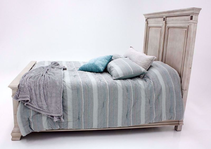 Distressed White Passages Queen Size Bed Showing the Side View | Home Furniture Plus Mattress