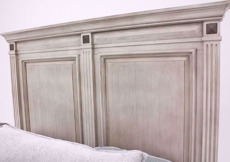 Distressed White Passages Queen Size Bed Showing the Panel Headboard at an Angle | Home Furniture Plus Mattress