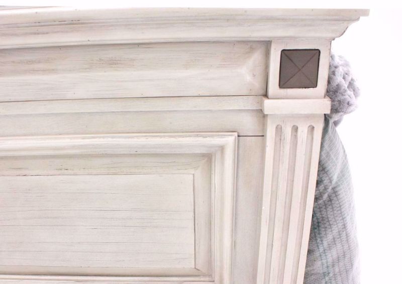 Distressed White Passages Queen Size Bed Showing the Panel Headboard Carved Details | Home Furniture Plus Mattress