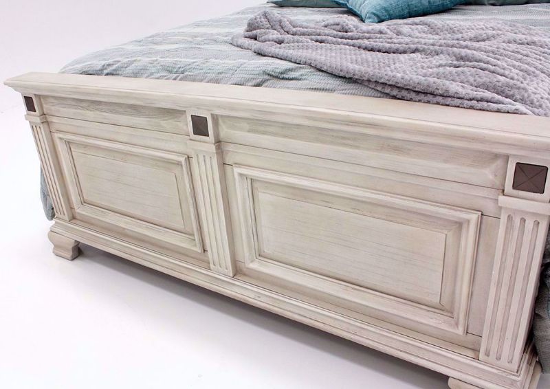 Distressed White Passages Queen Size Bed Showing the Panel Footboard at an Angle | Home Furniture Plus Mattress
