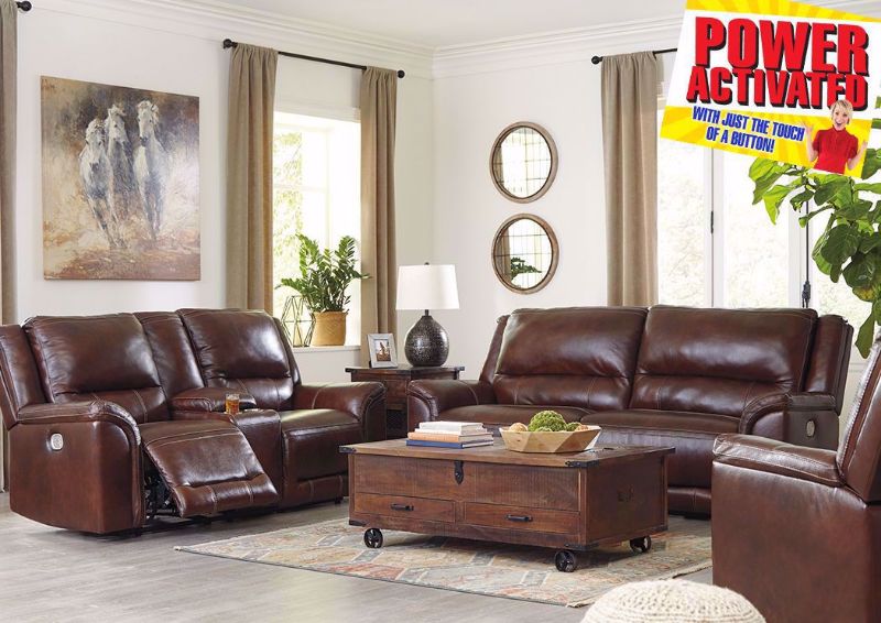 Catanzaro Leather Power Activated Reclinin Sofa Set by Ashley Furniture. Set Includes Sofa, Loveseat and Recliner | Home Furniture Plus Bedding