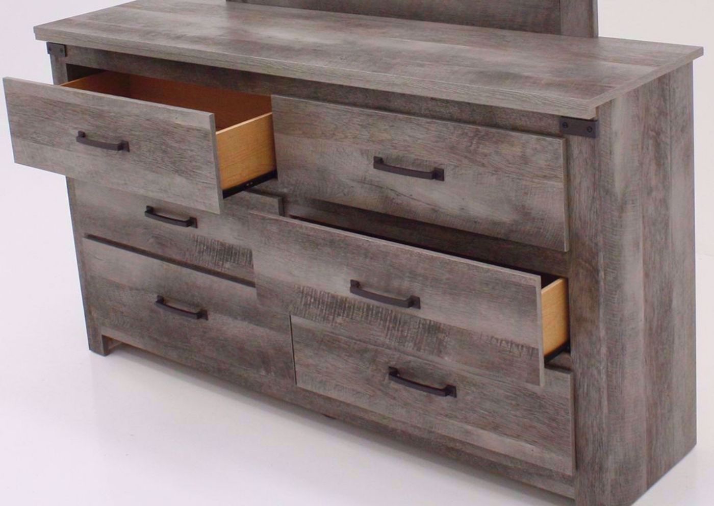 Rustic Brown Jourdan Creek Dresser with Mirror at an Angle Showing the Drawers Open | Home Furniture Plus Bedding