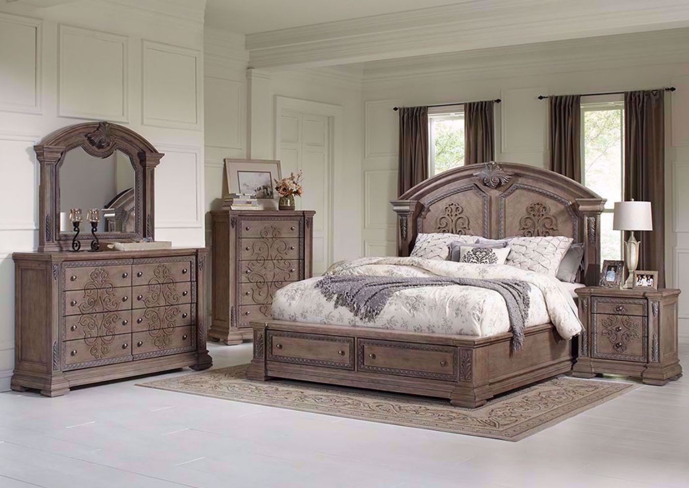 Taupe Brown Maria Bedroom Set in a Room Setting. Includes Queen Bed, Dresser With Mirror and 1 Nightstand | Home Furniture Plus Bedding