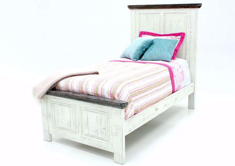 Distressed Whitewash White Allie Twin Size Bed at an Angle | Home Furniture Plus Mattress
