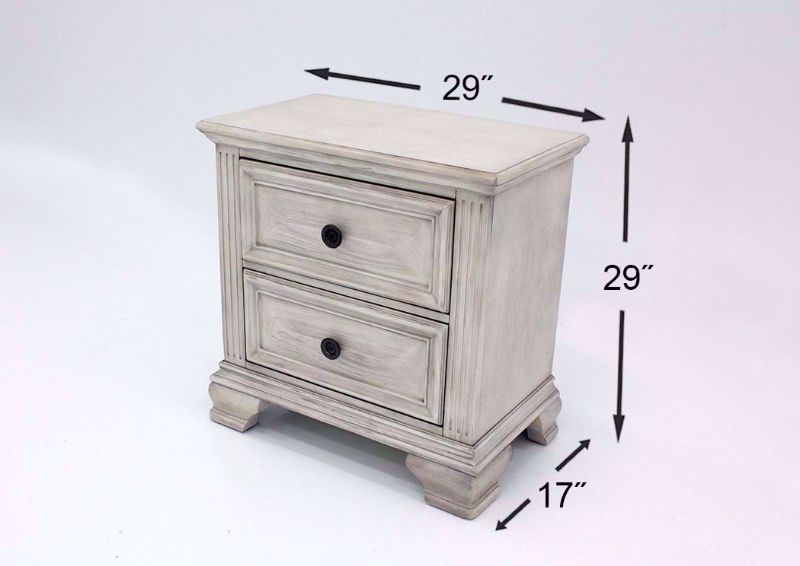 Distressed White Passages Bedroom Set Showing the Nightstand Dimensions | Home Furniture Plus Bedding