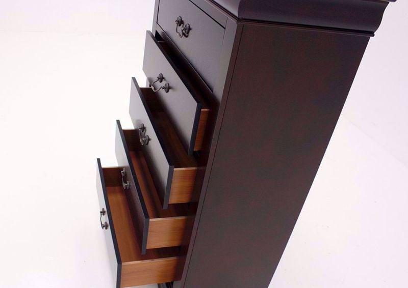 Cherry Brown Louis Philippe Chest of Drawers at an Angle Showing the Drawers Open | Home Furniture Plus Bedding