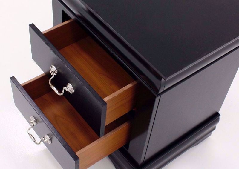 Black Louis Philippe Nightstand at an Angle With the Drawers Open | Home Furniture Plus Mattress