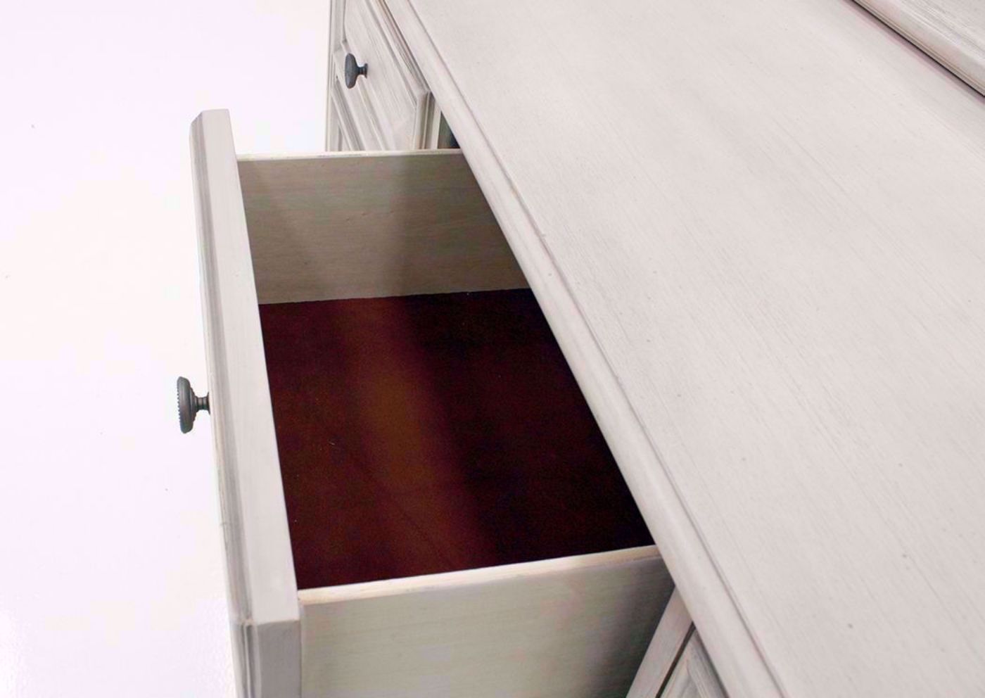 Distressed White Passages Dresser with Mirror Showing the Felt Lined Drawer Interior | Home Furniture Plus Bedding