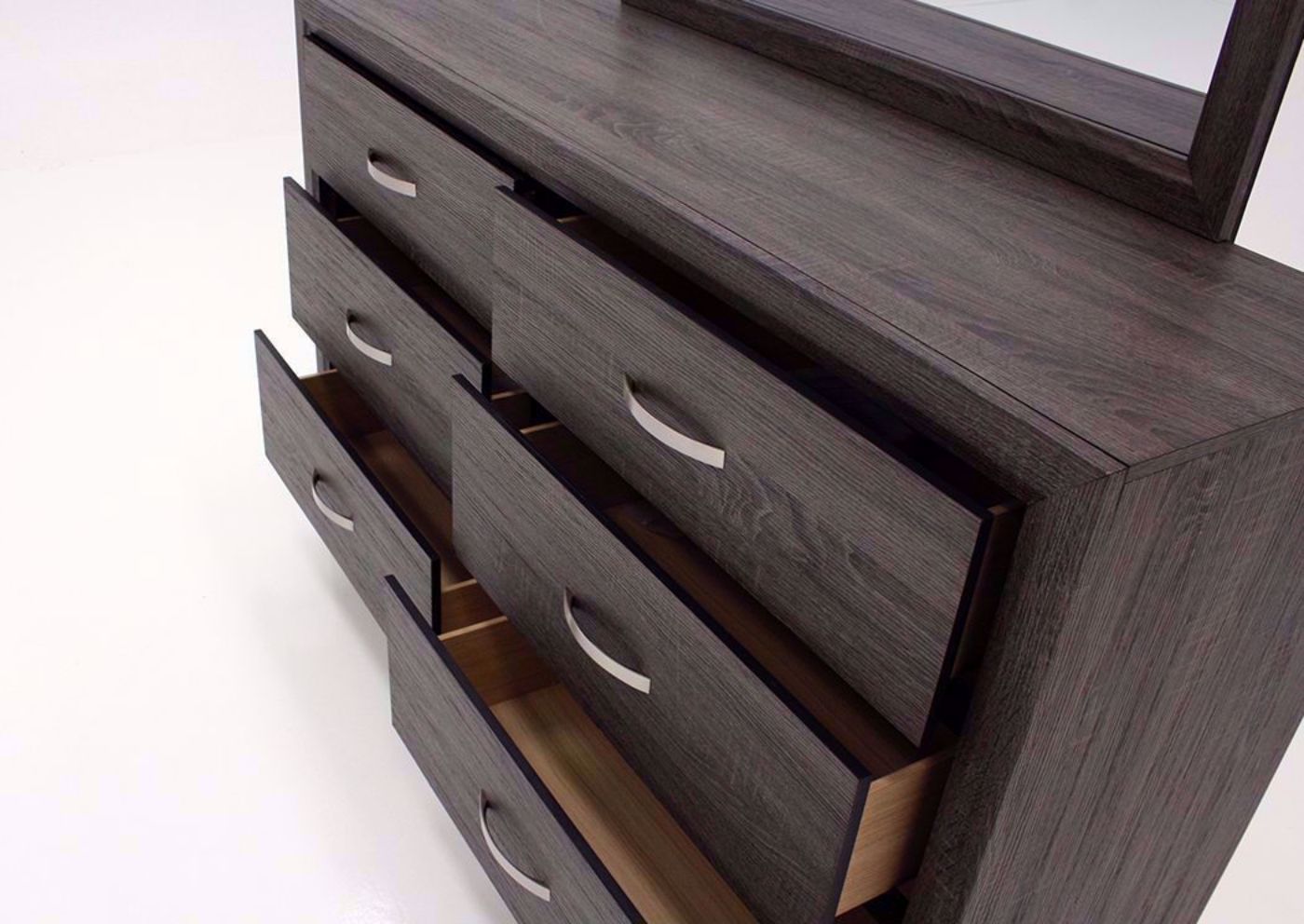 Distressed Brown Ackerson Dresser with Mirror at an Angle With the Drawers Open | Home Furniture Plus Mattress