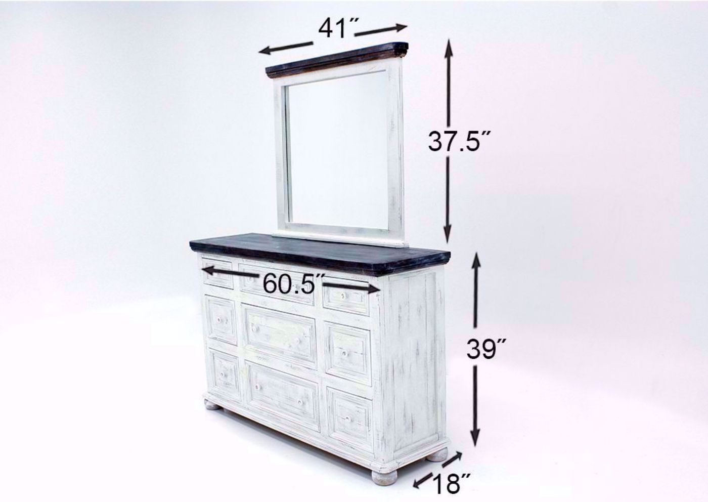 Whitewash White  Allie Dresser with Mirror Showing the Dimensions | Home Furniture Plus Bedding