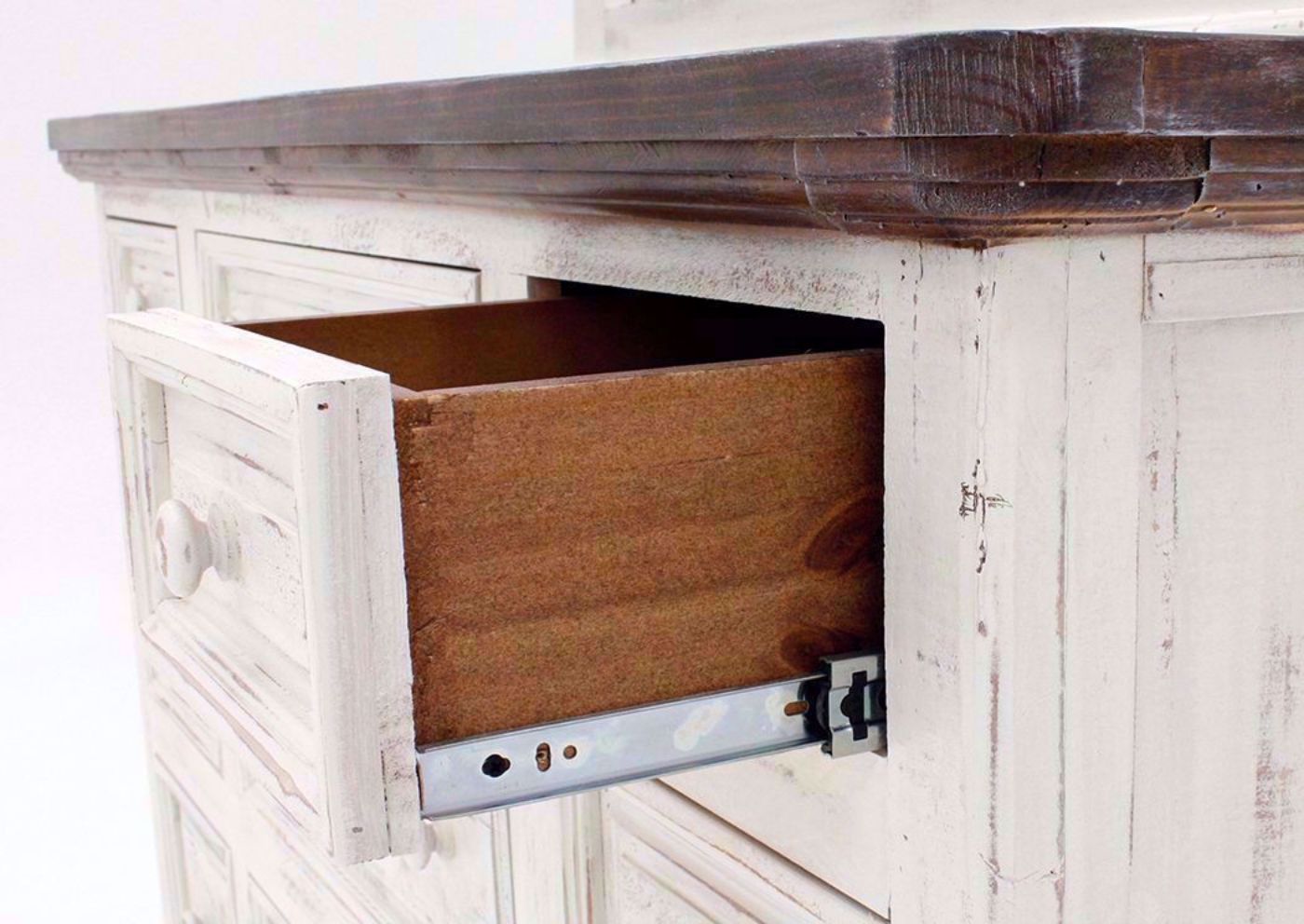 Whitewash White  Allie Dresser with Mirror Showing the Drawer Metal Glides | Home Furniture Plus Bedding