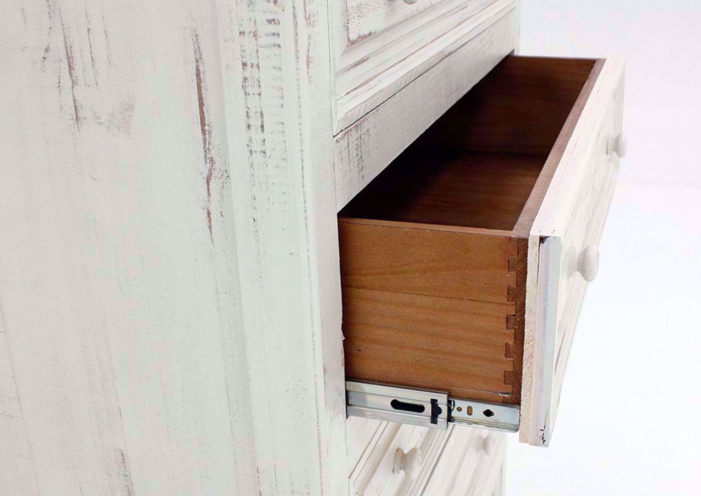 Whitewash White Allie Chest of Drawers Showing the Drawer Side and Interior | Home Furniture Plus Bedding