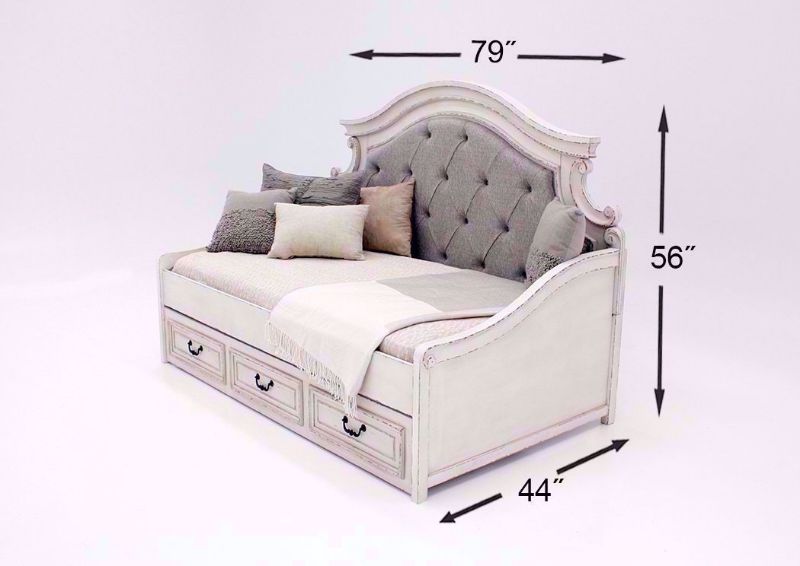 Dimension Details on the Antique White Realyn Upholstered Day Bed by Ashley Furniture with Storage Drawer | Home Furniture Plus Bedding