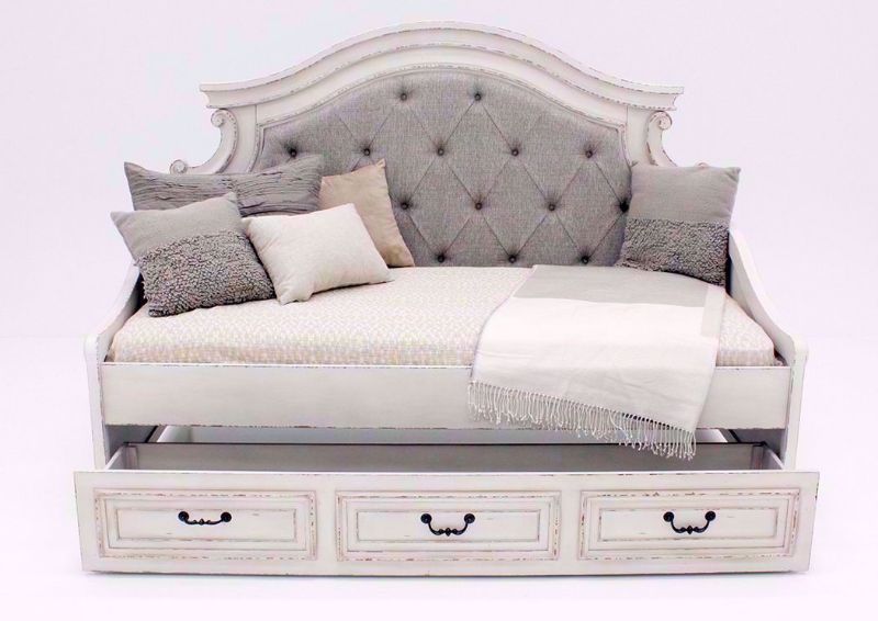 Front Facing Antique White Realyn Upholstered Day Bed by Ashley Furniture with Open Storage Drawer | Home Furniture Plus Bedding
