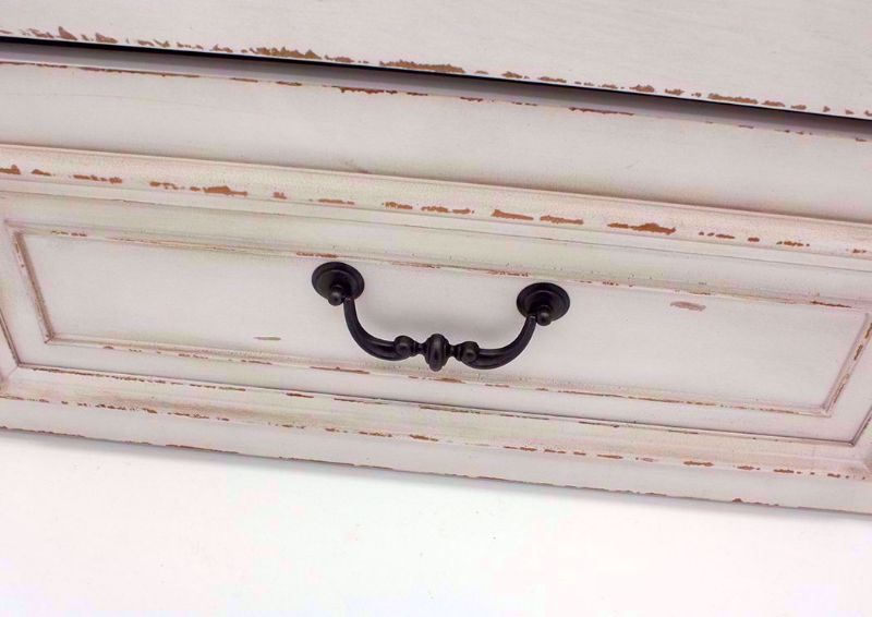 Close Up of Drawer Pull on the Antique White Realyn Upholstered Day Bed with Storage | Home Furniture Plus Bedding