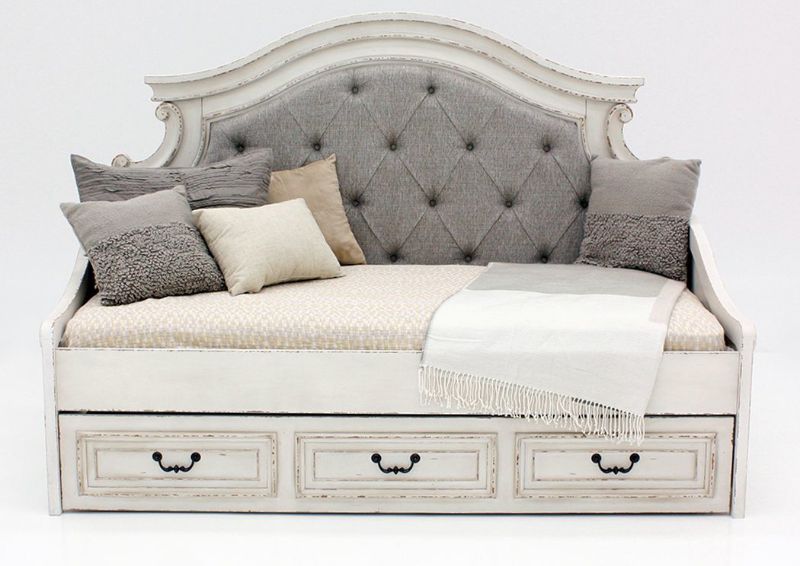 Front Facing Antique White Realyn Upholstered Day Bed by Ashley Furniture |  Home Furniture Plus Bedding