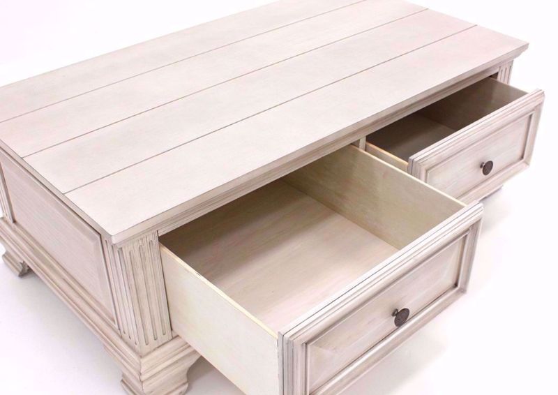 Antique White Passages Coffee Table at an Angle With the Drawers Open | Home Furniture Plus Bedding