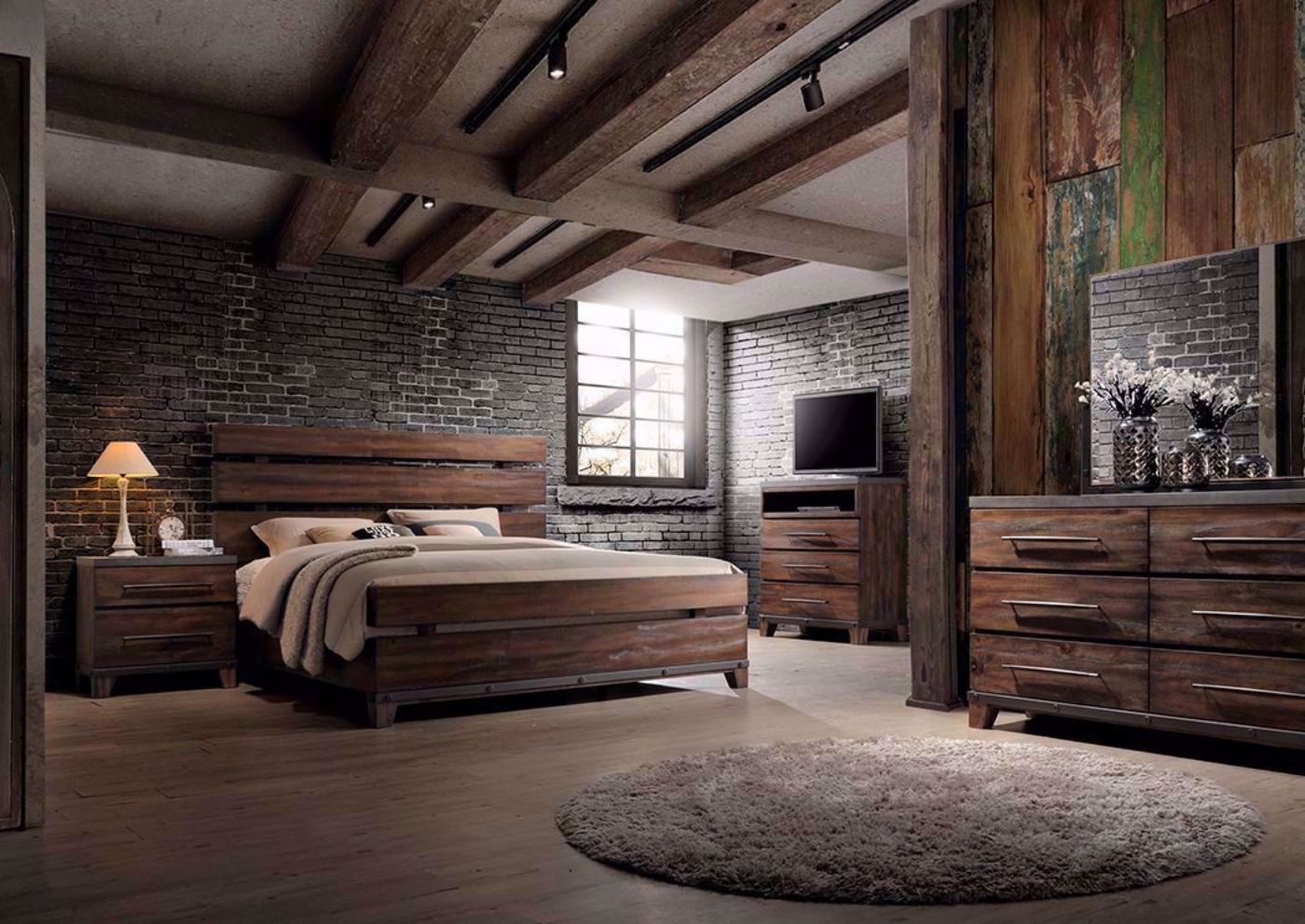Dark Brown Silo Bedroom Set in a Room Setting. Includes Queen Bed, Dresser With Mirror and 1 Nightstand | Home Furniture Plus Bedding