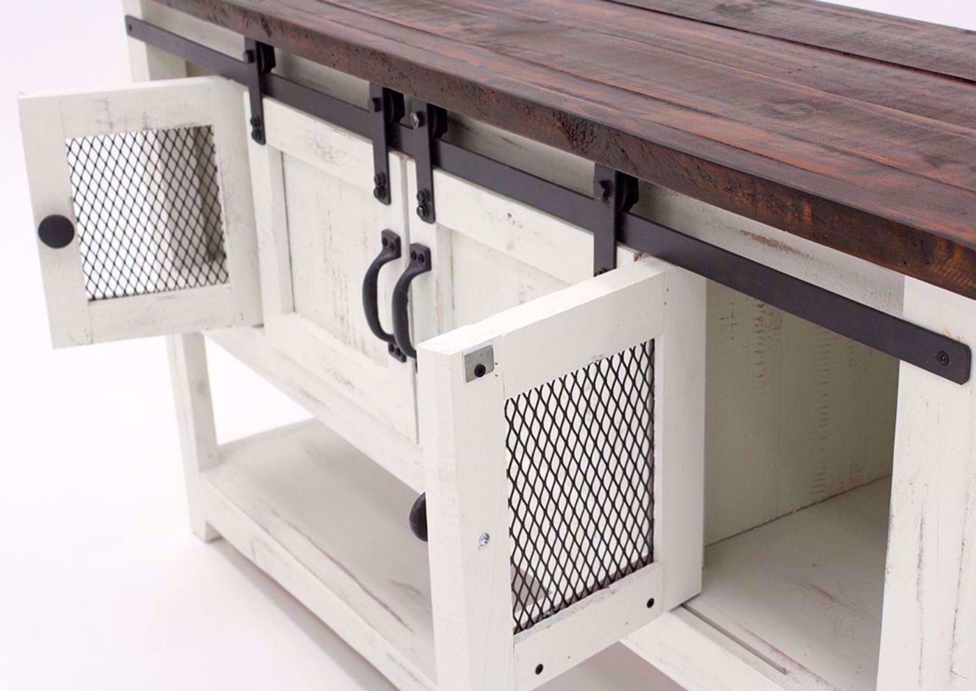 White and Brown Pueblo Sofa/Console Table at an Angle With the Doors Open | Home Furniture Plus Bedding