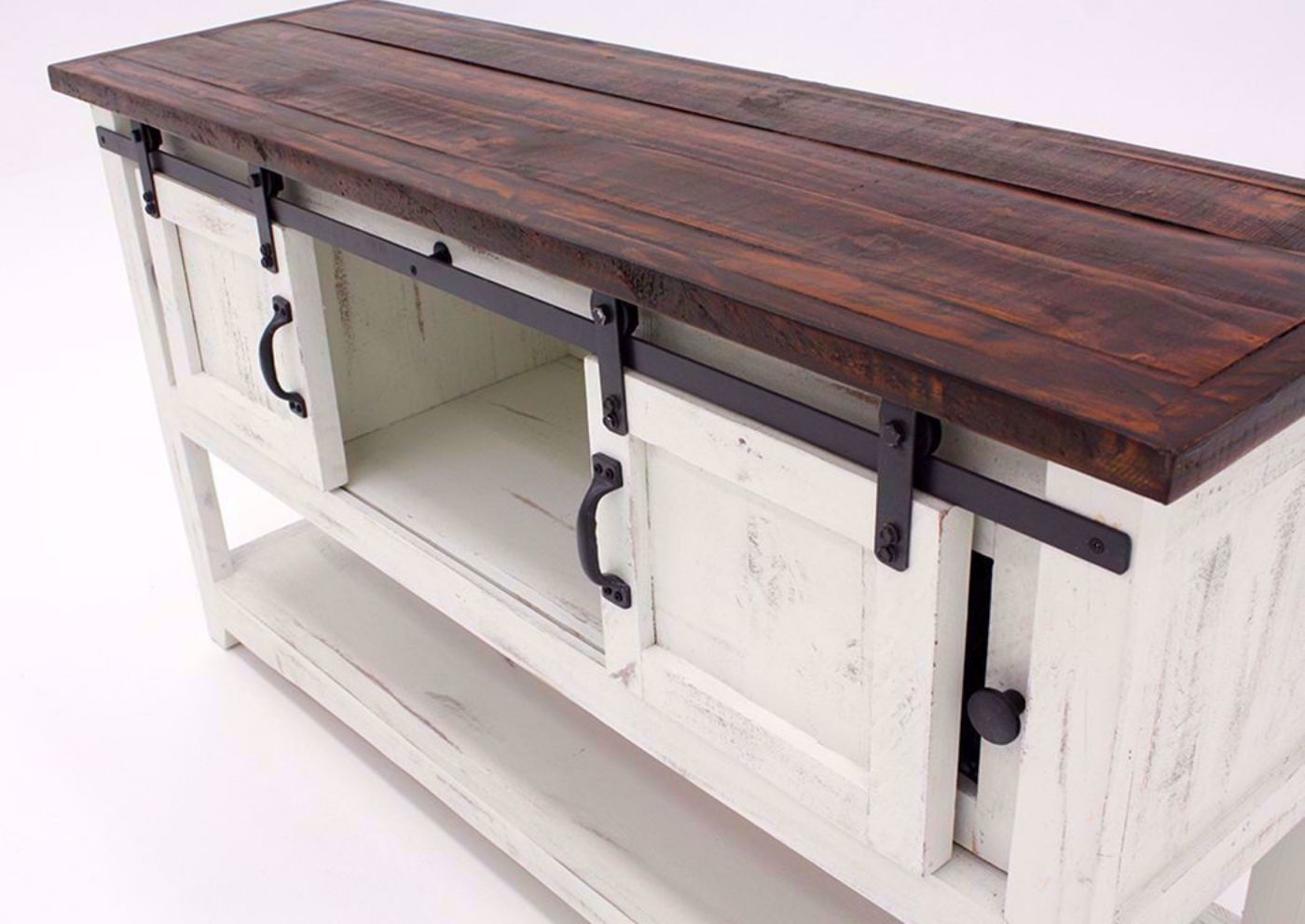 White and Brown Pueblo Sofa/Console Table at an Angle With the Barn Doors Open | Home Furniture Plus Bedding
