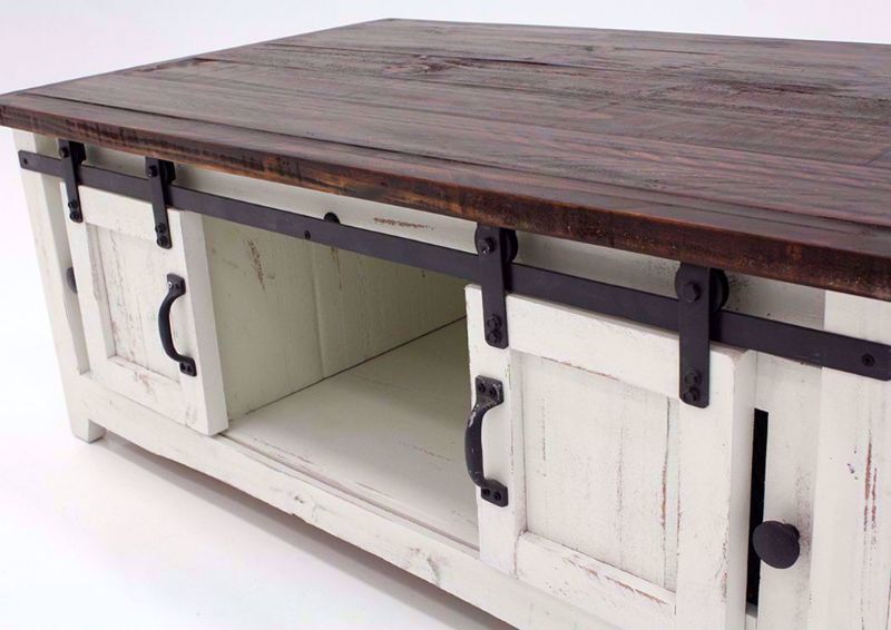 White and Brown Pueblo Coffee Table at an Angle with the Barn Doors Open | Home Furniture Plus Bedding